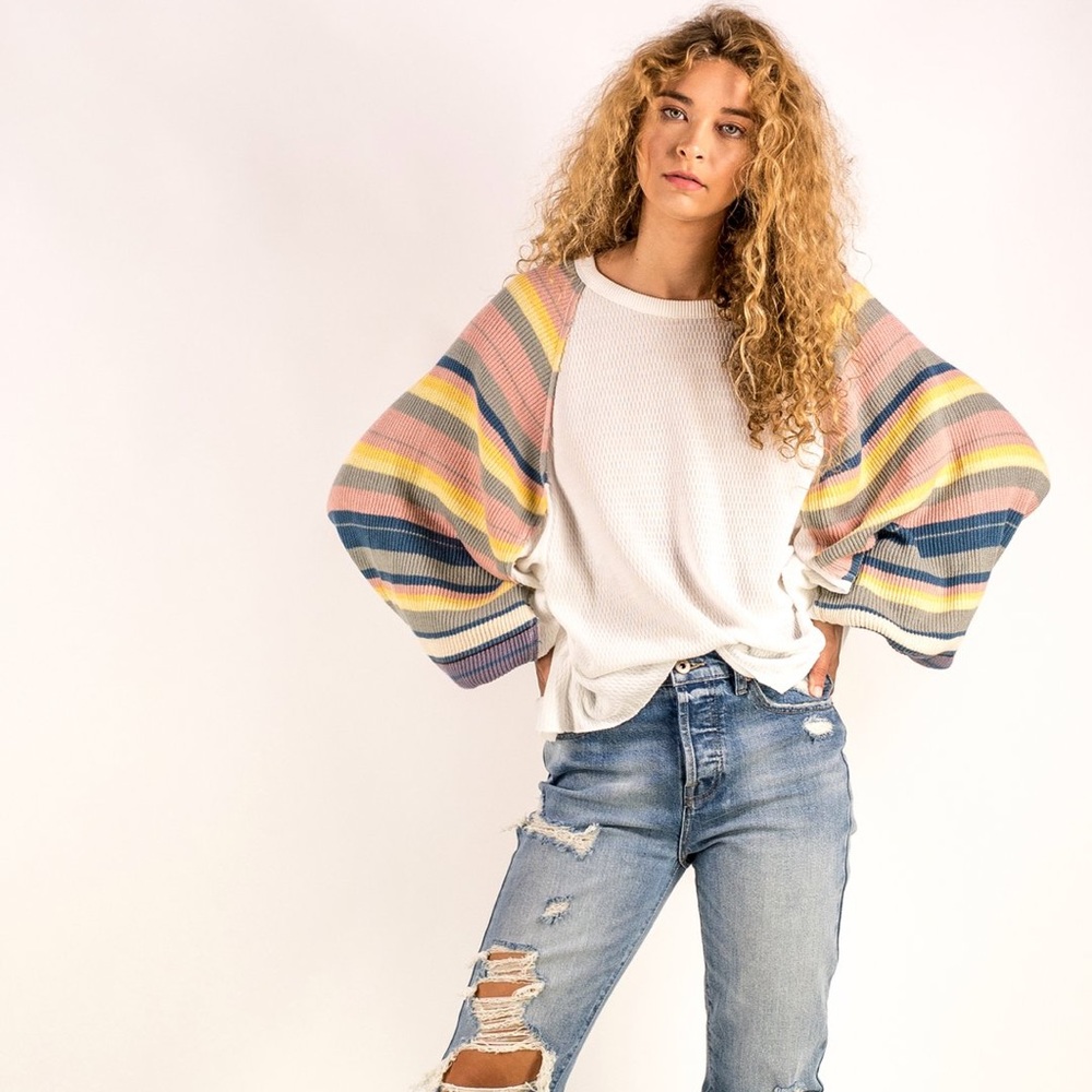 New Free People Rainbow Dreams Puff Sleeve Knit